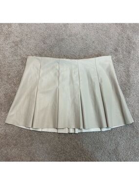 Zara cream ecru faux leather pleated skater mini skirt pleather vegan Sz L NWOT